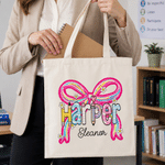 Personalised Bow Flower Large Capacity Canvas Bag with Surname and Name Daily Use Back to School Birthday Gift for Teachers