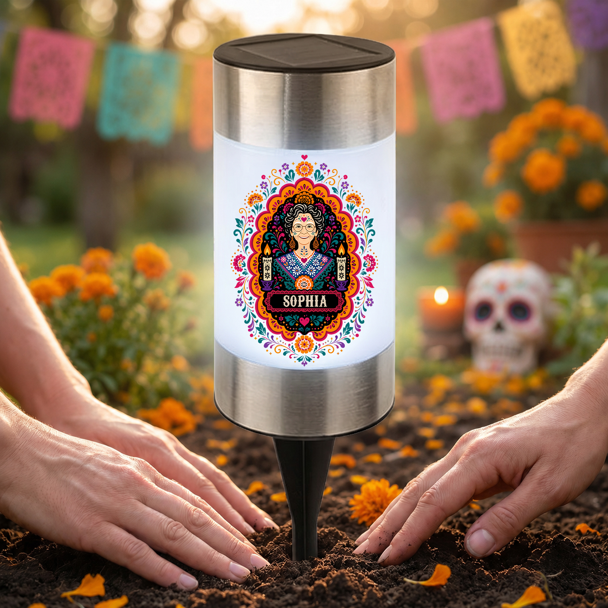 Individuell gestaltete Gartenleuchte aus Papierkunst mit Foto und Namen – Gartendekoration, Tag der Toten, Halloween-Geschenk für Gärtner, Familie und Freunde