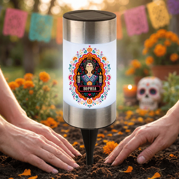 Personalized Paper-Cutting Art Photo Solar Garden Light with Name Garden Decor Day of the Dead Halloween Gift for Gardener Family Friend