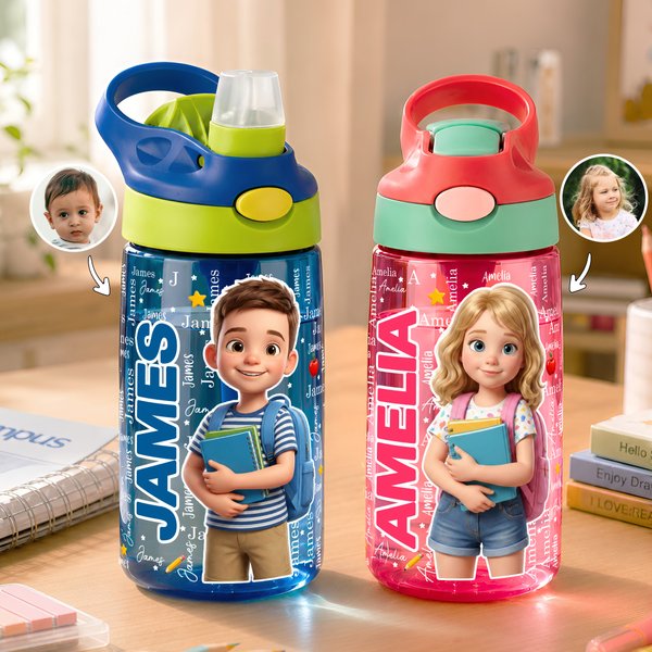 Personalized 3D-Style Design Cartoon Photo 16 oz Kid Water Bottle with Name and Silicone Straw Back to School Birthday Gift for Boys Girls