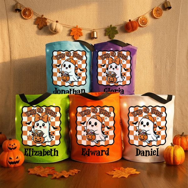 Personalised Pumpkin Ghost Checkered Pattern LED Light Trick or Treat Bag with Name Halloween Classroom Party Gift for Children