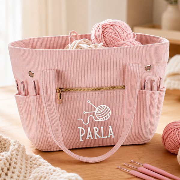 Große, individuell gestaltete, gehäkelte Cord-Tragetasche mit Motiv und Namenszug – Alltagsbegleiter und Geburtstagsgeschenk für Häkelfreundinnen, Mütter und Großmütter
