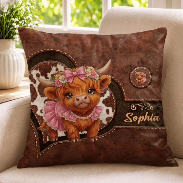 Personalised Comfortable Highland Cow Soft Cushion Cover with Name Home Decor Birthday Gift for Highland Cow Lovers Friends Kids