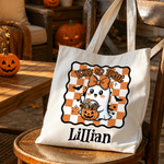 Henkilökohtainen, hauska Halloween-kurpitsa-aave-aiheinen ”Trick or Treat” -kangaskassi, jossa on nimi – Halloween-juhlan lahja perheelle ja lapsille