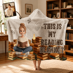 Personalised Book Themed 3D-Style Character Artwork Photo Soft Throw Hooded Blanket with Name and Text Book Club Birthday Gift for Bookworms Readers