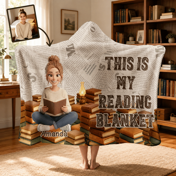 Personalised Book Themed 3D-Style Character Artwork Photo Soft Throw Hooded Blanket with Name and Text Book Club Birthday Gift for Bookworms Readers