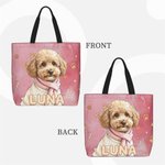 Personalised Watercolor Style Pet Photo Bone Paw Print Tote Bag with Zipper and Name Daily Outdoor Use Travel Birthday for Pet Lover