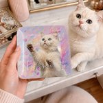 Personalized Graffiti Colorful Oil Painting Style Pet Photo Square Ceramic Trinket Jewelry Dish with Name Daily Use Birthday Gift for Pet Owner Lover