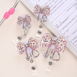 Personalised Faux Glitter Pink Bow Stethoscope Badge Reel with Name Nurses' Day Appreciation Birthday Gift for Doctor Nurse