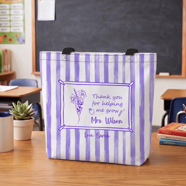 Personalised Striped Birth Flower Large Capacity Canvas Tote Bag with Name School Teacher Appreciation Gift for Teachers