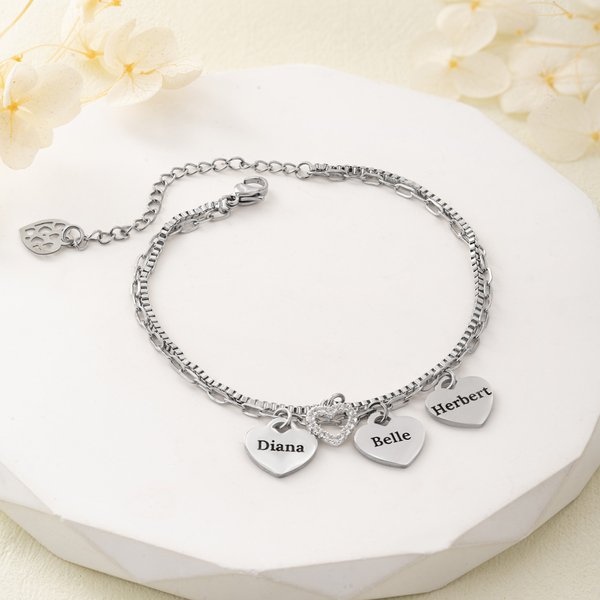 Personalised 1-6 Heart-Shaped Pendants Two-Layer Bracelet with Engraved Name Exquisite Jewellery Birthday Mother's Day Gift for Mother Grandmother