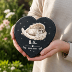 Personalisierter runder, herzförmiger Gartenstein mit Engelsflügeln und Foto Ihres Haustieres, mit Namen und Jahr – Gartendekoration und Gedenkgeschenk für Hunde- und Katzenbesitzer