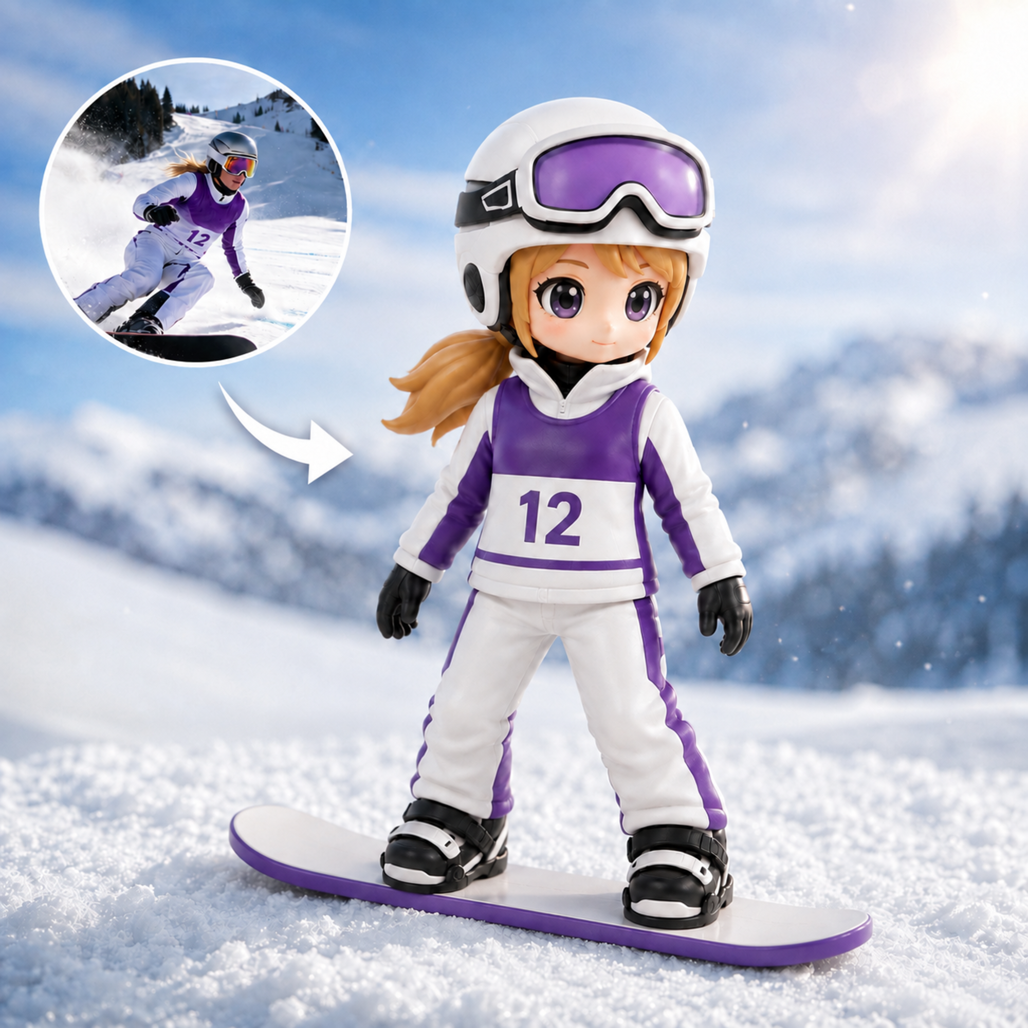 Individuell gestaltete, im 3D-Druck hergestellte Snowboard-Figur nach Foto – ein einzigartiges Sport-Andenken für Ski-Liebhaber
