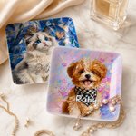 Personalized Graffiti Colorful Oil Painting Style Pet Photo Square Ceramic Trinket Jewelry Dish with Name Daily Use Birthday Gift for Pet Owner Lover