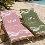 Personalisiertes, übergroßes, schnell trocknendes Strandtuch-Set für „Mr“ und „Mrs“ mit Namen und Jahr der Flitterwochen – 2er-Set als Hochzeitsgeschenk für frisch verheiratete Paare