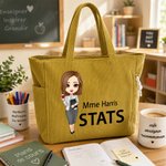 Sac fourre-tout en velours côtelé personnalisé avec texte et personnage de dessin animé - Cadeau de rentrée pour professeur