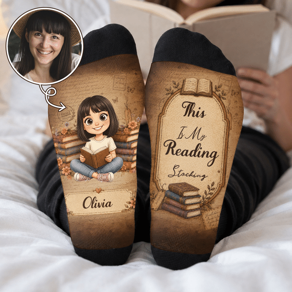 Personalised Vintage Cartoon Reading Character Photo Soft Mid-Calf Socks with Name and Text Daily Wear Birthday Gift for Book Lovers Women