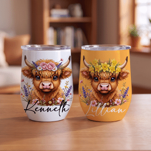 Personalized Highland Cow & Birth Flower 12 oz Wine Tumbler with Name Daily Use Birthday Anniversary Gift for Highland Cow Lovers Women