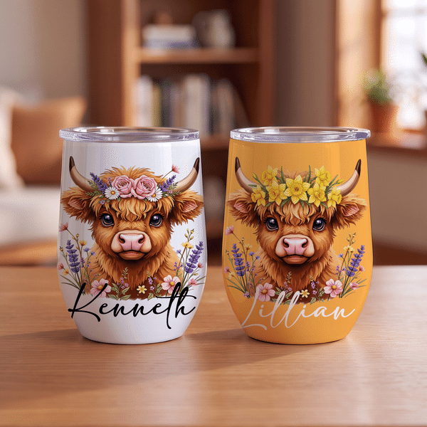 Personalized Highland Cow & Birth Flower 12 oz Wine Tumbler with Name Daily Use Birthday Anniversary Gift for Highland Cow Lovers Women