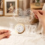 Personalized Romantic Heart-Shaped Turn Back the Clock Acrylic Plaque with Detachable Clock and Stand Wedding Anniversary Gift for Couple