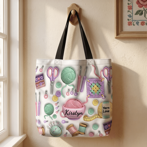 Personalized 3D-Style Artwork Knitted Crochet Patterns Large Capacity Tote Bag with Name Christmas Birthday Gift for Knitting Lover Grandma