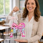 Personalised Coquette Bow Pencil Grid Name Design Transparent Gift Bag Back to School Teacher's Day Appreciation Gift for Teachers