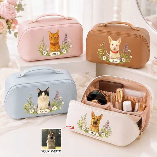 Personalised Watercolor Pet Photo Garland PU Leather Makeup Bag with Name Travel Birthday Gift for Mum Sister Bride Bridesmaid