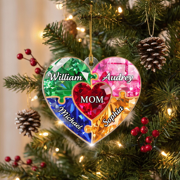 Personalised Heart Shape Coloured Gemstone Texture Puzzle Acrylic Christmas Ornament with Title and Name Tree Decor Christmas Gift for Family Friend