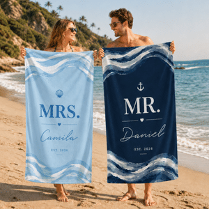 Personalized Mr and Mrs Matching Oversized Quick Dry Beach Towel with Name and Year Honeymoon Set of 2 Wedding Gift for Newlywed Couple