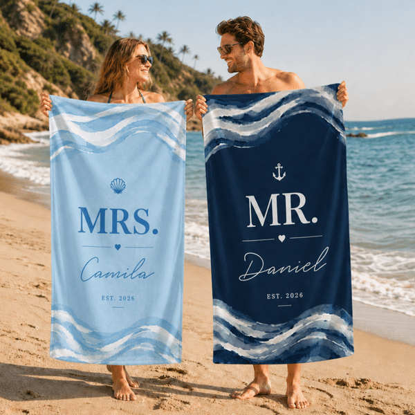 Personalisiertes, übergroßes, schnell trocknendes Strandtuch-Set für „Mr“ und „Mrs“ mit Namen und Jahr der Flitterwochen – 2er-Set als Hochzeitsgeschenk für frisch verheiratete Paare