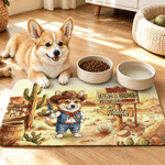 Personalized Western Cowboy Style Pet Photo PU Leather Food Mat with Name and Text Pet Supplies Birthday Gift for Pet Lovers Owners