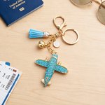 Personalized Bling Multicolor Tassel Airplane Bell Bag Charm Keychain with Initial Birthday Gift for Flight Attendant Friends