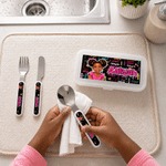 Personalized Word Cloud Cartoon Character Kid Fork Spoon Knife Cutlery Set with Case Photo and Name Back to School Birthday Gift for Kids