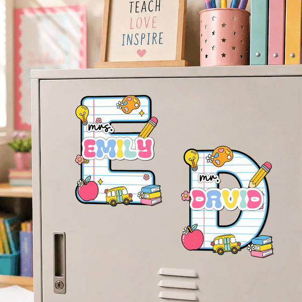 Personalised Pencil Apple Teacher Theme Initial Whiteboard Magnet with Tltle and Surname School Classroom Supplies Back to School Gift for Teacher