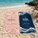 Personalisiertes, übergroßes, schnell trocknendes Strandtuch-Set für „Mr“ und „Mrs“ mit Namen und Jahr der Flitterwochen – 2er-Set als Hochzeitsgeschenk für frisch verheiratete Paare