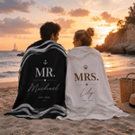 Personalisiertes, übergroßes, schnell trocknendes Strandtuch-Set für „Mr“ und „Mrs“ mit Namen und Jahr der Flitterwochen – 2er-Set als Hochzeitsgeschenk für frisch verheiratete Paare