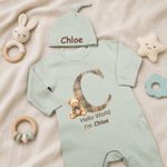 Personalized Teddy Bear Hello World Grid Initial 100% Cotton Baby Romper Hat Set with Name Baby Shower Gift for Newborns