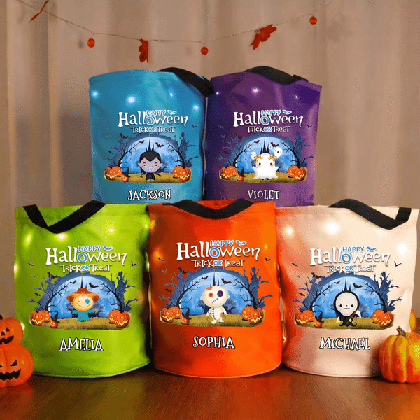 Personalised Halloween Cartoon Weird Skeleton Mummy Ghost LED Light Bucket Bag with Name Trick or Treat Halloween Party Gift for Girls Boys