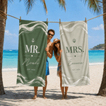 Personalisiertes, übergroßes, schnell trocknendes Strandtuch-Set für „Mr“ und „Mrs“ mit Namen und Jahr der Flitterwochen – 2er-Set als Hochzeitsgeschenk für frisch verheiratete Paare