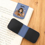 Personalized Cute Book-Reading Character Photo Magnetic PU Leather Bookmark Clip with Name Daily Reading Use Gift Birthday for Book Lovers