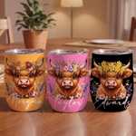 Personalized Highland Cow & Birth Flower 12 oz Wine Tumbler with Name Daily Use Birthday Anniversary Gift for Highland Cow Lovers Women