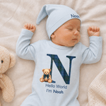 Personalized Teddy Bear Hello World Grid Initial 100% Cotton Baby Romper Hat Set with Name Baby Shower Gift for Newborns