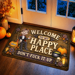 Personlig «Welcome to My Happy Place»-dørmatte med sklisikre egenskaper og Halloween-tegneseriefigur, med navn – en Halloween-gave til Halloween-entusiaster