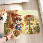 Personalized Western Cowboy Style Pet Photo PU Leather Food Mat with Name and Text Pet Supplies Birthday Gift for Pet Lovers Owners