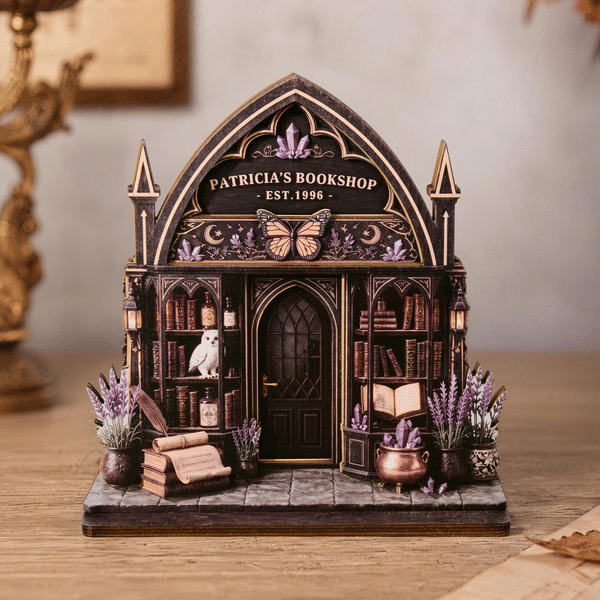Personalised Dark Fantasy Witchy Bookshop Ornament Wooden Bookshelf Decor with Text and Year Reading Corner Birthday Halloween Gift for Book Lovers