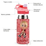 Borraccia personalizzata, con personaggio animato multicolore, nome e cannuccia in silicone - Regalo di compleanno per bambini