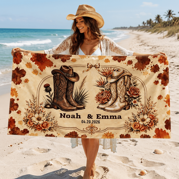 Personalised Cowboy Style Quick-Dry Beach Towel with Names and Date Summer Holiday Essential Anniversary Gift for Couple