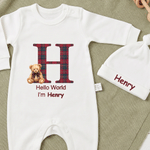 Personalized Teddy Bear Hello World Grid Initial 100% Cotton Baby Romper Hat Set with Name Baby Shower Gift for Newborns
