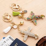 Personalized Bling Multicolor Tassel Airplane Bell Bag Charm Keychain with Initial Birthday Gift for Flight Attendant Friends