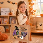 Personalized Cute Halloween Theme Large Jute Tote Bag with Name Trick or Treat Halloween Party Gift for Boys Girls